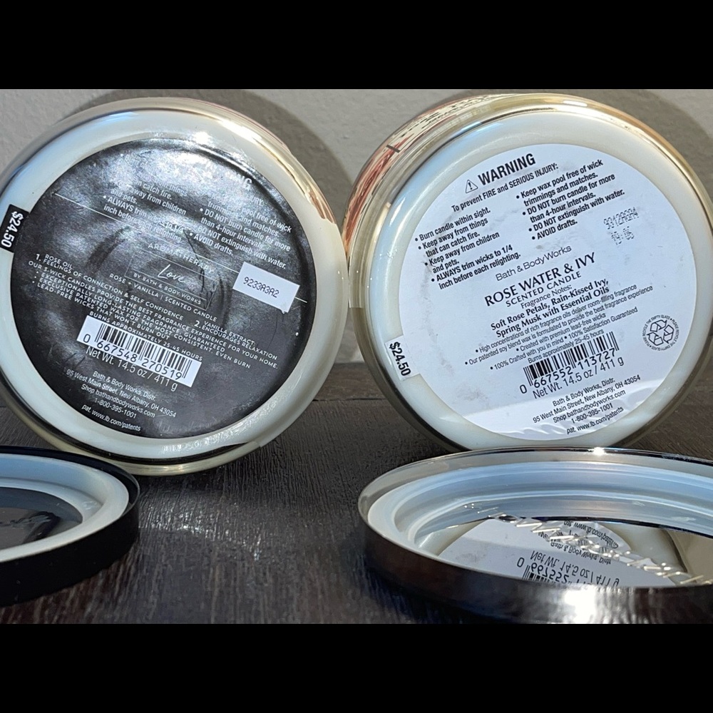 2 B&BW 3 Wick Candles: Rose + Vanilla and Rose Water & Ivy - 1 new, 1 used once.